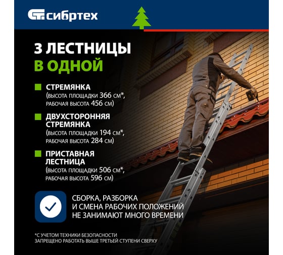 Алюминиевая трехсекционная лестница СИБРТЕХ 3х8 ступеней 97818