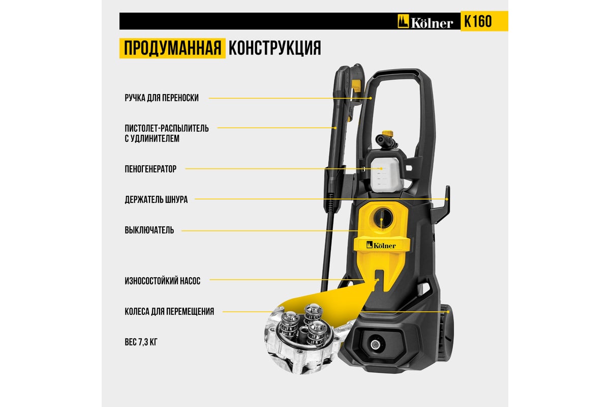 Мойка высокого давления Kolner, 160/110 бар, 2200Вт, 430л/ч, метал.помпа,  шланг 8м, кабель 5м, 8140100106 - выгодная цена, отзывы, характеристики,  фото - купить в Москве и РФ