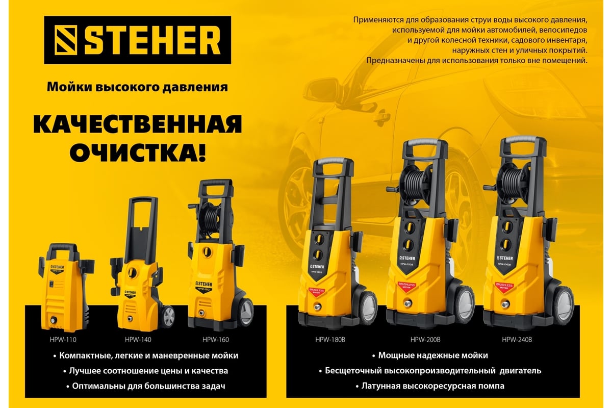 Мойка высокого давления STEHER 180 атм, 2200 Вт HPW-180B - выгодная цена,  отзывы, характеристики, фото - купить в Москве и РФ