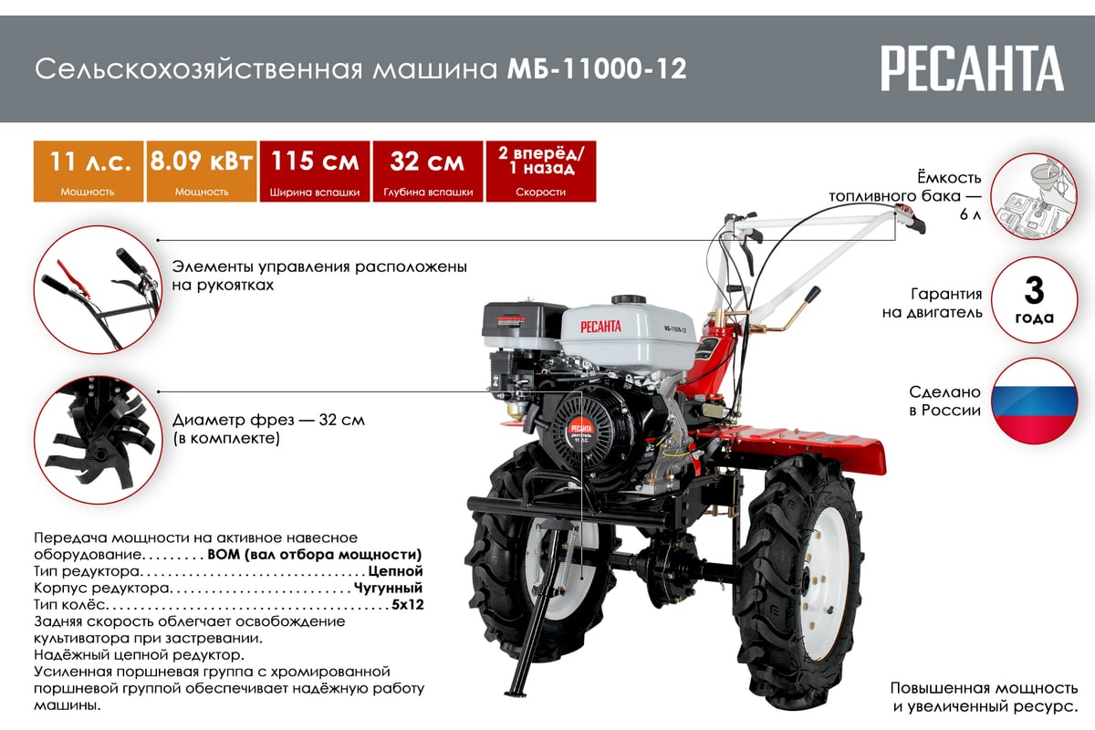 Сельскохозяйственная машина Ресанта МБ-11000-12 70/5/34 - выгодная цена,  отзывы, характеристики, фото - купить в Москве и РФ