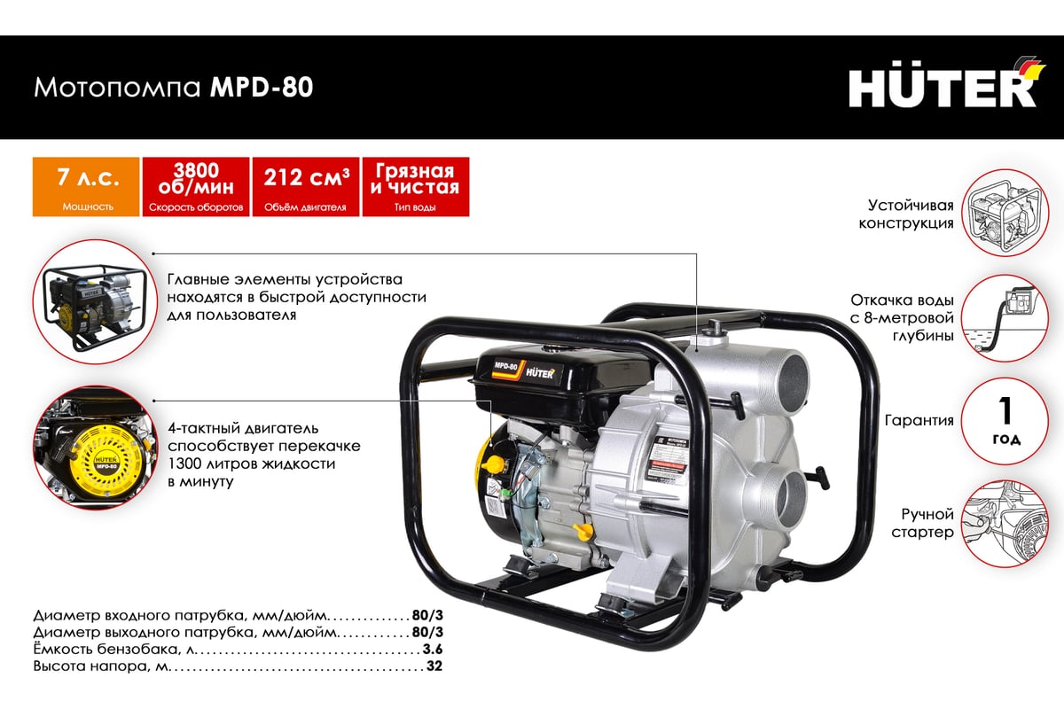 Мотопомпа huter mpd 80