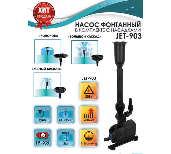Фонтанный насос GARDEN SHOW в комплекте с насадками 20Вт, 900 л/ч, Hmax 1,5м, 1/12 ПТ000000451