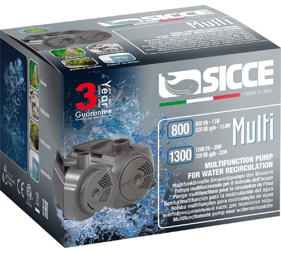 Фонтанный насос SICCE MULTI б/н, 800 л/ч, h=1.3 м, длина шнура 1,5м RNRG01E