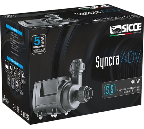Фонтанный насос SICCE SYNCRA ADV 5.5 бесшумный экономичный насос, 5500л/ч, h=3.5м, длина шнура 10м RSYQ01F