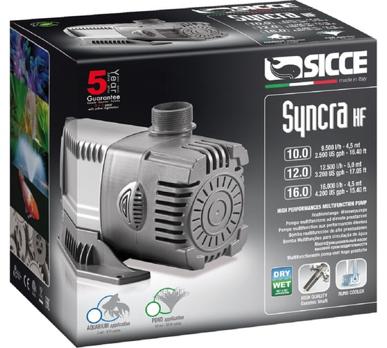 Фонтанный насос SICCE SYNCRA HF 16.0 бесшумный экономичный высокой производительности б/н, 16000л/ч, h=4,5м,шнур RSYK16F