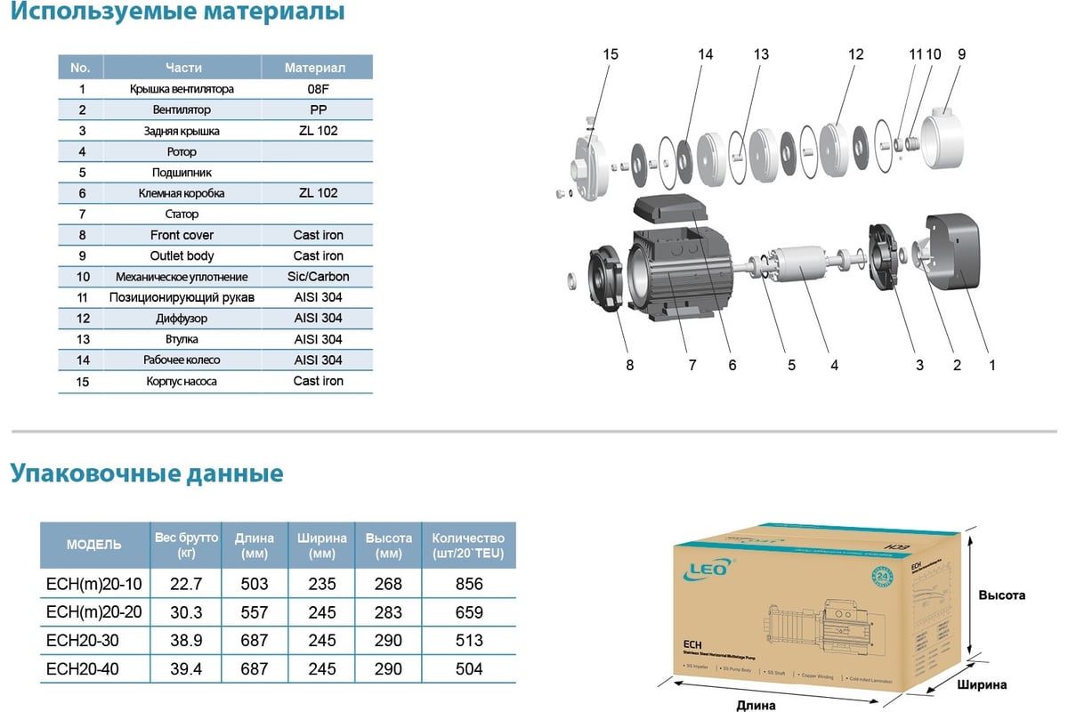 Многоступенчатый насос LEO ECH 20-20, 2,2 кВт, 380В, Qmax. 28 m3h, Hmax.  26,1 m 1652 - выгодная цена, отзывы, характеристики, фото - купить в Москве  и РФ