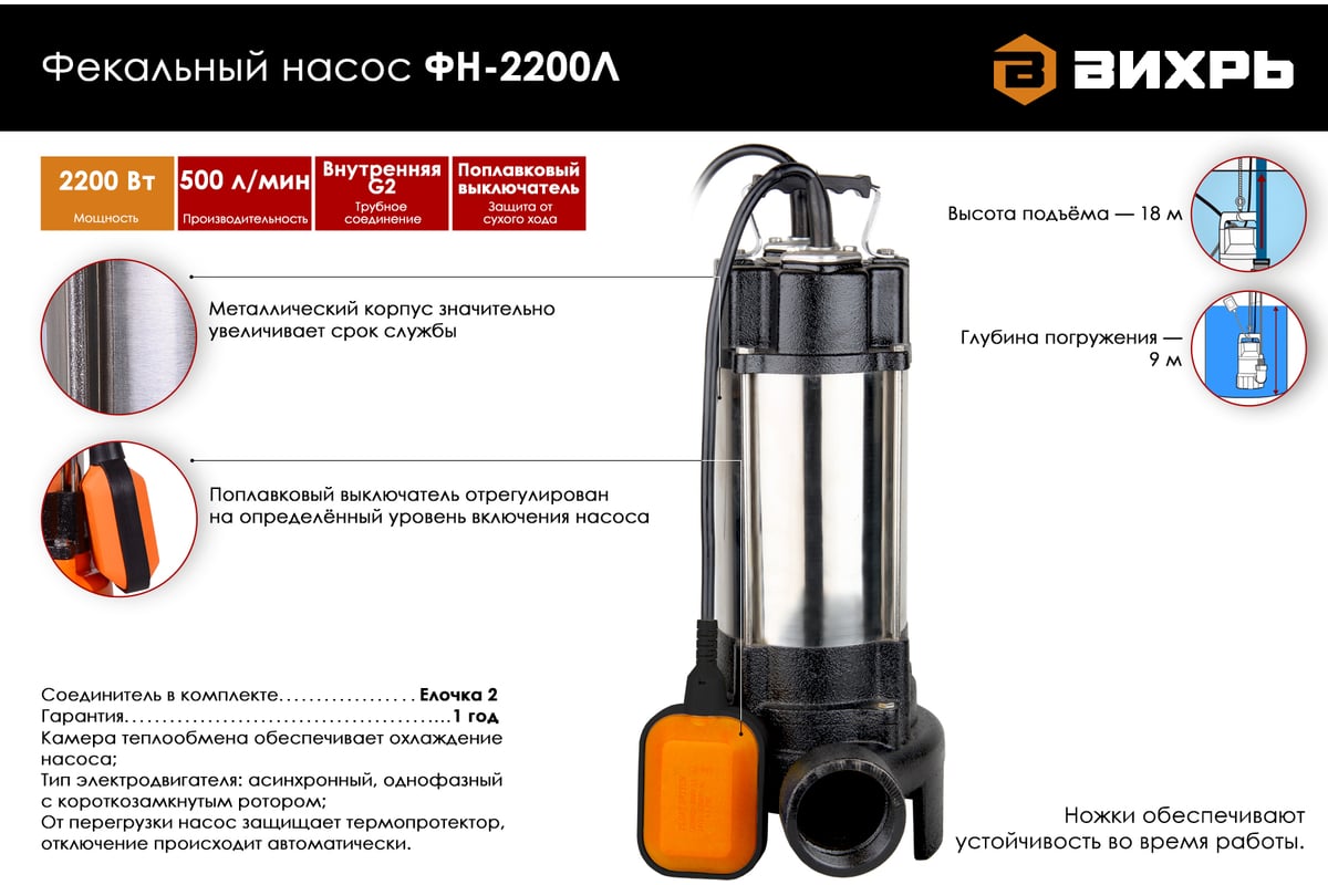 Фекальный насос Вихрь ФН-2200Л 68/5/6 - выгодная цена, отзывы,  характеристики, фото - купить в Москве и РФ