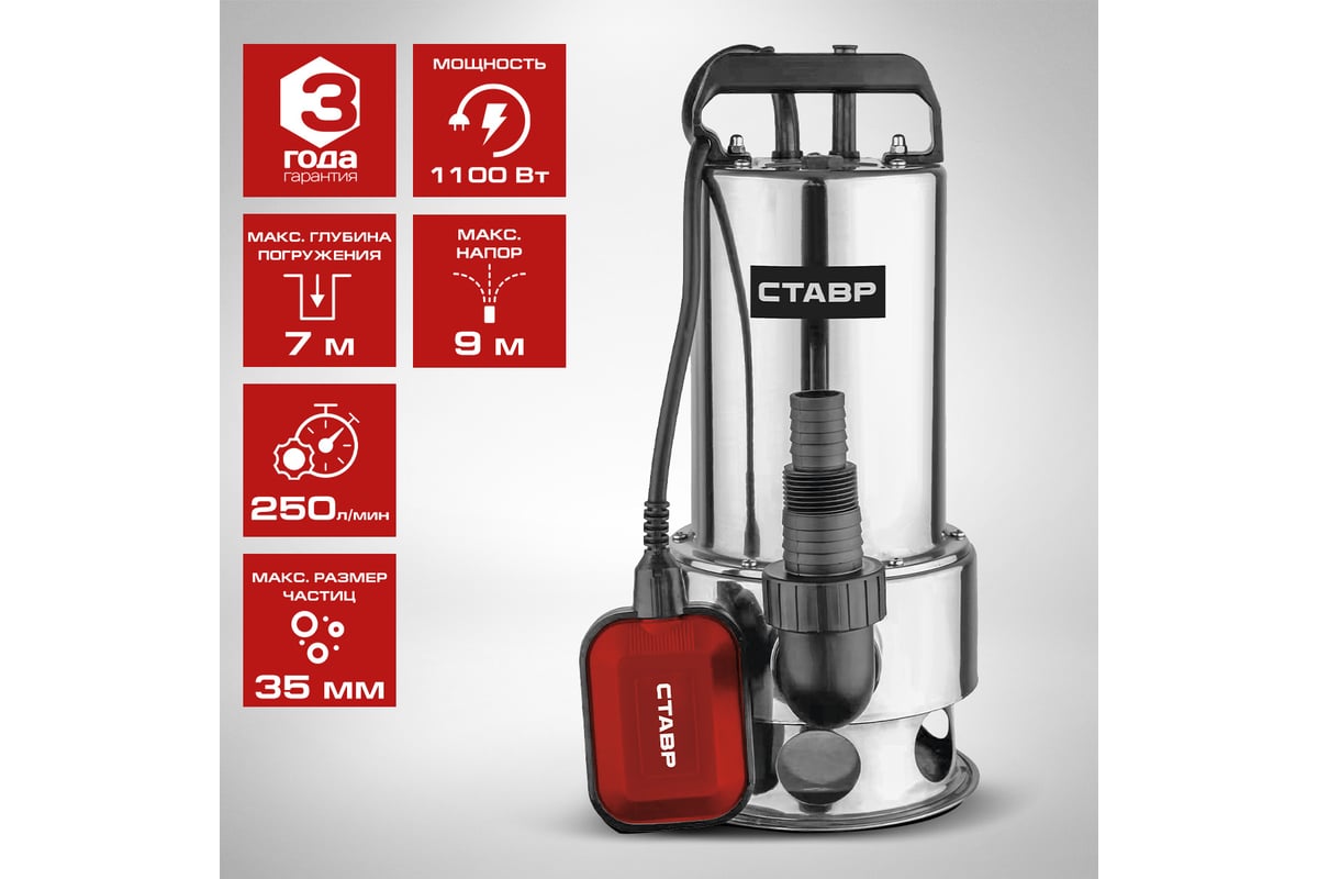 Насос погружной дренажный Ставр нпд-1100 мгв для грязной воды, 1100вт,  250л/мин, 9 м, корпус металл, кабель 10м9050600310