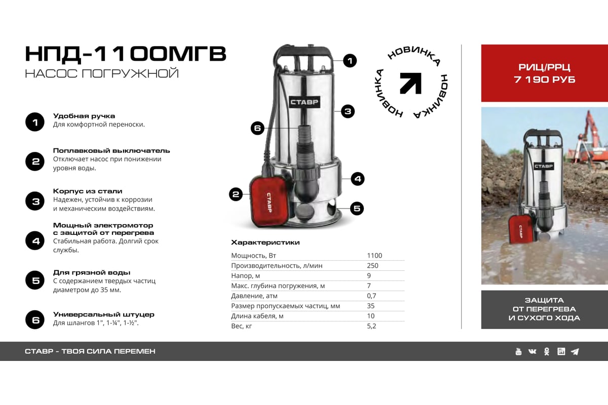 Насос погружной дренажный Ставр нпд-1100 мгв для грязной воды, 1100вт ...