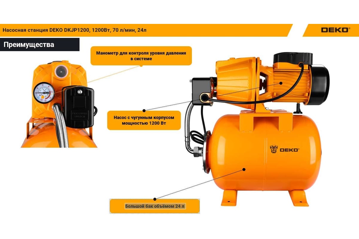 Насосная станция DEKO DKJP1200, 1200 Вт, 70 л/мин, 24л 076-0532