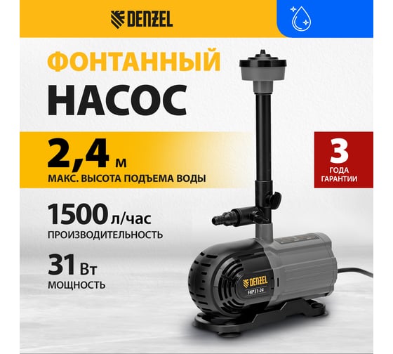Насос фонтанный Denzel fnp31-24, 31 вт, подъем 2,4 м, 1500 л/ч, колокольчик/2 каскада/гейзер 99031