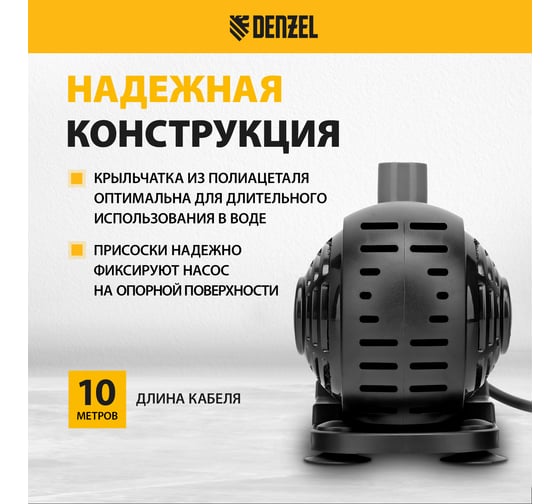 Насос фонтанный Denzel fnp31-24, 31 вт, подъем 2,4 м, 1500 л/ч, колокольчик/2 каскада/гейзер 99031