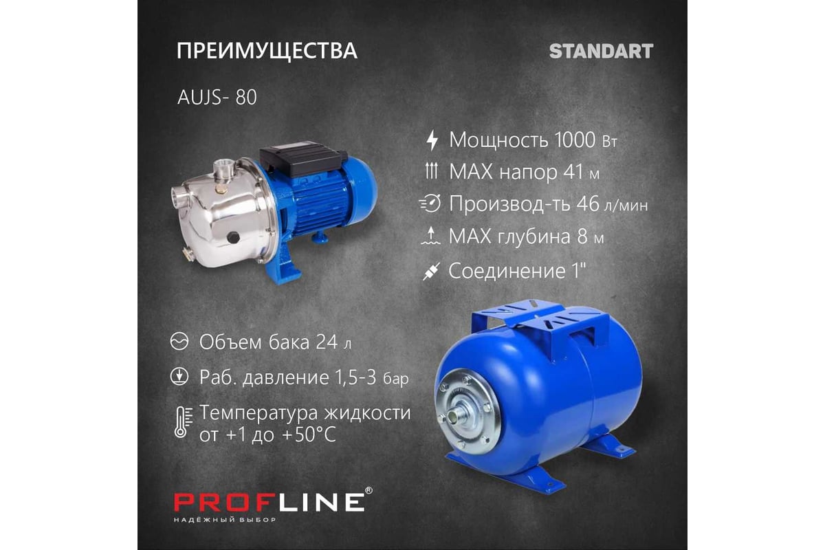 Насосная станция PROFLINE AUJS- 80, насоc нерж.сталь, бак 24л, 1000 Вт  (Standart) УТ-00023678 - выгодная цена, отзывы, характеристики, фото -  купить в Москве и РФ