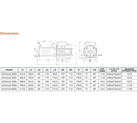Многоступенчатый насос LEO ECH 2-60, 0,75 кВт, 380В, Qmax. 3,6 m3h, Hmax. 50 m 2184