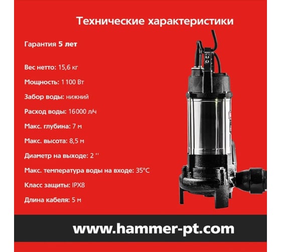 Фекальный насос Hammer NAP1100FD 16000л/ч, высота 8,5м, с ножками для измельчения 641202