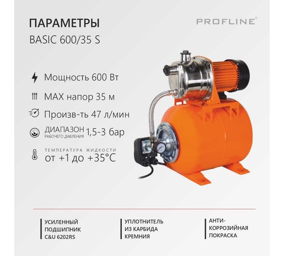 Насосная станция PROFLINE BASIC 600/35S (47 л/мин, Н-35 м, 19 л, нерж.) УТ-00051719