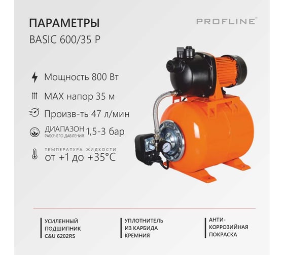 Насосная станция PROFLINE BASIC 600/35P (47 л/мин, Н-35 м, 19 л, пластик) УТ-00051718