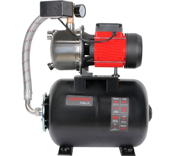 Насосная станция VERTON AQUA PS1400S/24 (1400Вт, 66л/мин, 24л, гл. 9м, h 56м, вых. 1/32, 3 бар) 01.13297.22781
