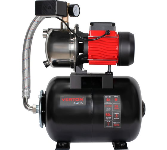 Насосная станция VERTON AQUA PS1200S/24 (1200Вт, 55л/мин, 24л, гл. 9м, h 50м, вых. 1, 3 бар) 01.13297.22779