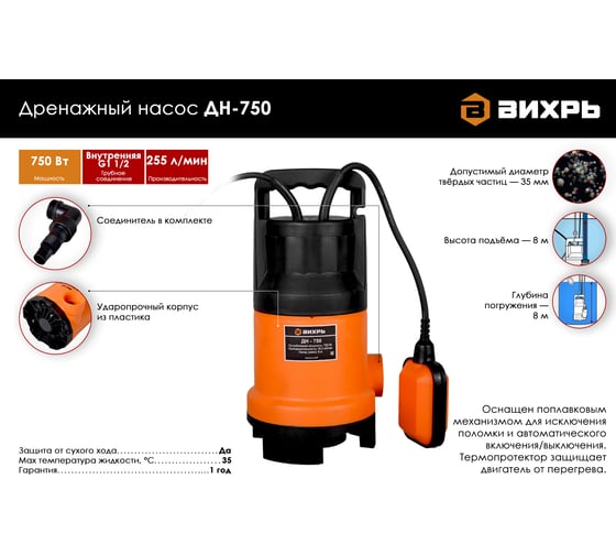 Дренажный насос Вихрь ДН-750 68/2/2