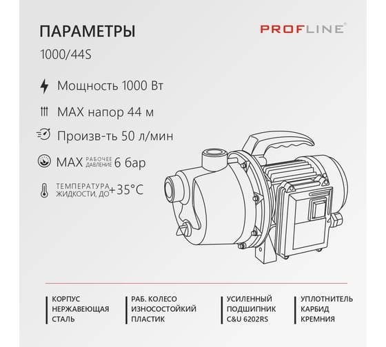 Насос садовый PROFLINE 1000/44S (53 л/мин, Н-44 м, нержавеющая сталь) УТ-00049601