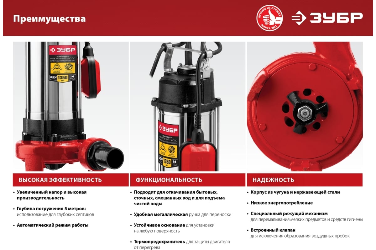 Фекальный насос с режущим механизмом ЗУБР НПФ-1350-Р