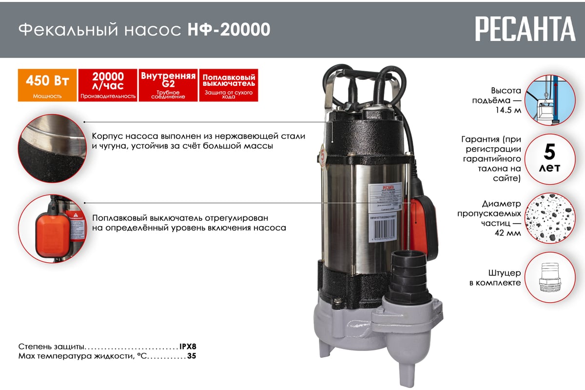 Фекальный насос Ресанта НФ-20000 77/5/2 - выгодная цена, отзывы,  характеристики, фото - купить в Москве и РФ