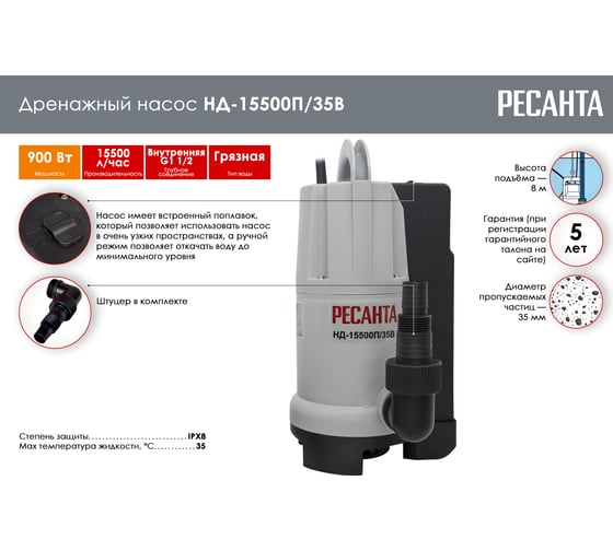 Дренажный насос Ресанта НД-15500П/35B 77/2/4
