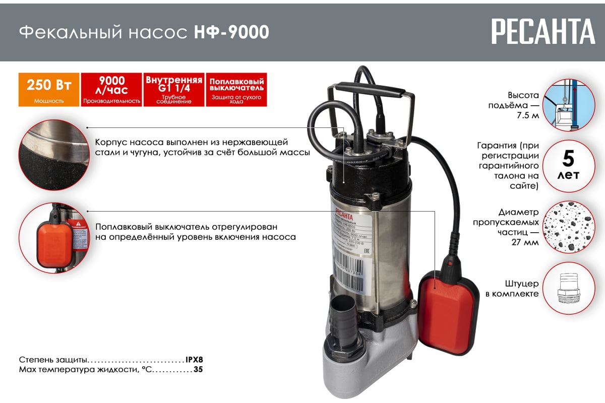 Фекальный насос Ресанта НФ-9000 77/5/1 - выгодная цена, отзывы,  характеристики, фото - купить в Москве и РФ