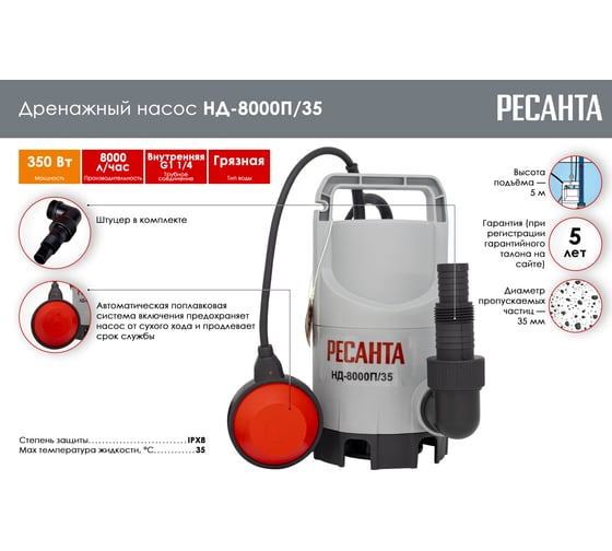 Дренажный насос Ресанта НД-8000П/35 77/2/1
