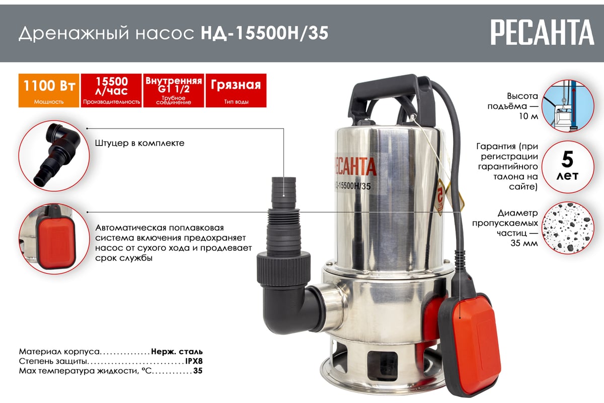 Дренажный насос Ресанта НД-15500Н/35 77/2/2