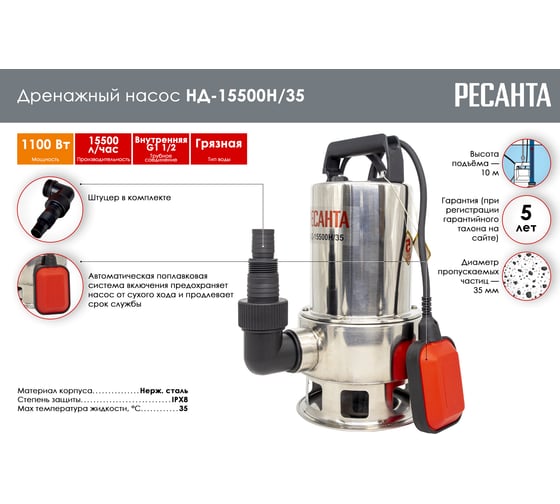 Дренажный насос Ресанта НД-15500Н/35 77/2/2