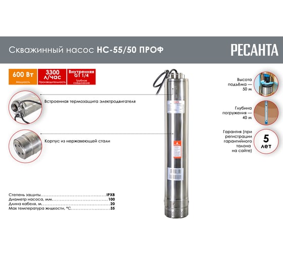 Скважинный насос Ресанта НС-55/50 ПРОФ 77/3/1