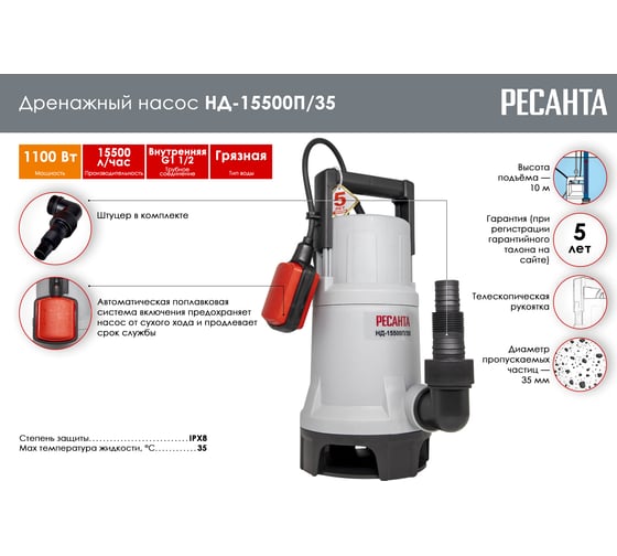 Дренажный насос Ресанта НД-15500П/35 77/2/6