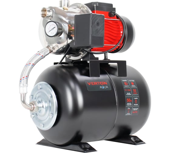 Насосная станция VERTON AQUA PS1100SS/24 (нерж. сталь 1100Вт 230В/50Гц Qmax 55л/мин V24л max забор 9м Hmax50м Øвх./вых.1) 01.13297.28321