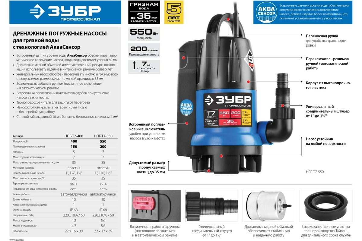 Дренажный насос с регулируемым датчиком уровня воды Зубр Профессионал Т7  АкваСенсор НПГ-Т7-550 - выгодная цена, отзывы, характеристики, фото -  купить в Москве и РФ