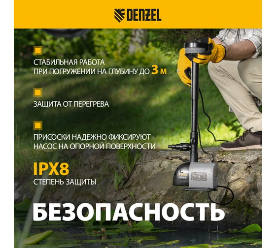 Насос фонтанный fnp110-34, 112 вт, подъем 3,4 м, 3400 л/ч, колокольчик/каскад/гейзер Denzel 99032