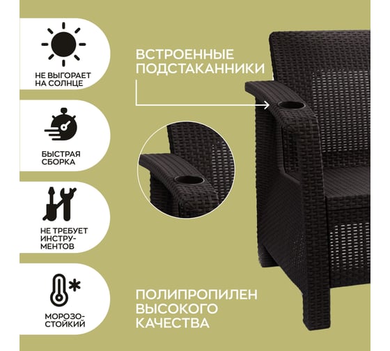 Комплект садовой мебели WORKY кофейный на 2 персоны (2 кресла + кофейный столик), искусственный ротанг, мокко, без подушек ARD258133