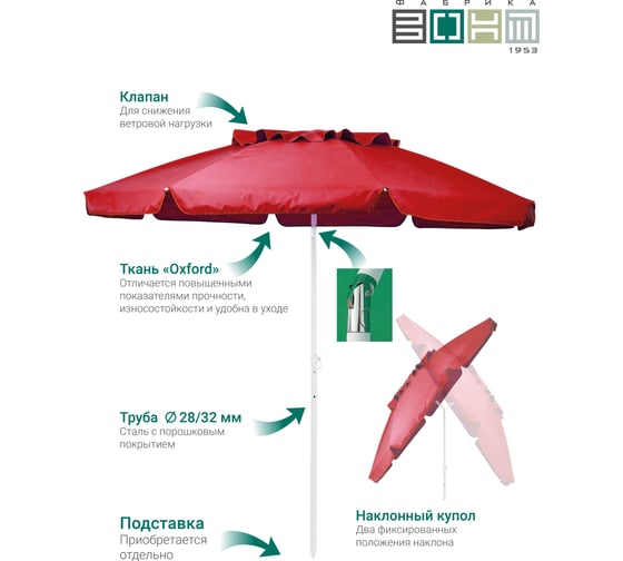 Зонт Фабрика ЗОНТ ВИКЭНД 32 c возможностью наклона купола, d 2,4 м., красный,, (1 шт) aeh393004