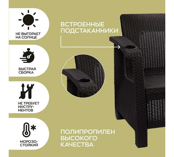 Комплект садовой мебели WORKY набор кофейный на 2 персоны (2 кресла + кофейный столик), искусственный ротанг, мокко, с коричневыми подушками ARD258135