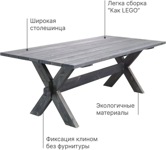 Деревянный стол садовый из массива сосны ДИПРИЗ прямоугольный, для сада и дачи, 210x103 см, графит Д.60008.3