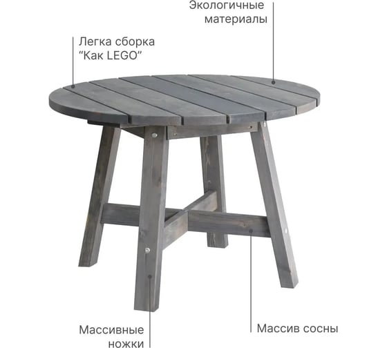 Стол садовый деревянный ДИПРИЗ Ойвинд круглый, из массива сосны, для сада, 105x105 см, графит Д.60006.3