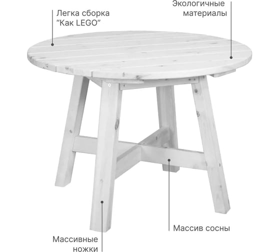 Стол садовый деревянный ДИПРИЗ Ойвинд круглый, из массива сосны, для сада, 105x105 см, белый Д.60047.1