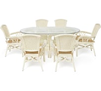 Комплект обеденный Tetchair "ANDREA GRAND" (стол со стеклом+6 кресел+ подушки) TCH White (белый), Ткань рубчик, цвет кремовый 12427