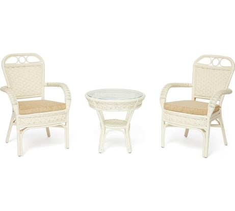 Комплект террасный Tetchair ANDREA (стол кофейный со стеклом + 2 кресла + подушки) ротанг, 64x67x92см / D60x55, TCH White (белый) 13337