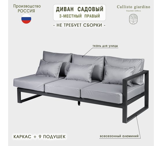 Диван садовый из алюминия Callisto mobili Лагуна трехместный, правый, с левым подлокотником, серый/антрацит G401.8Е10