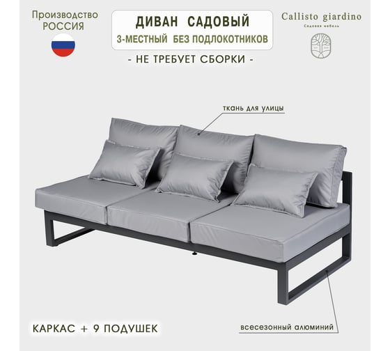 Диван садовый Callisto mobili  из алюминия трехместный открытый без подлокотников Лагуна серый/антрацит G401.11Е10