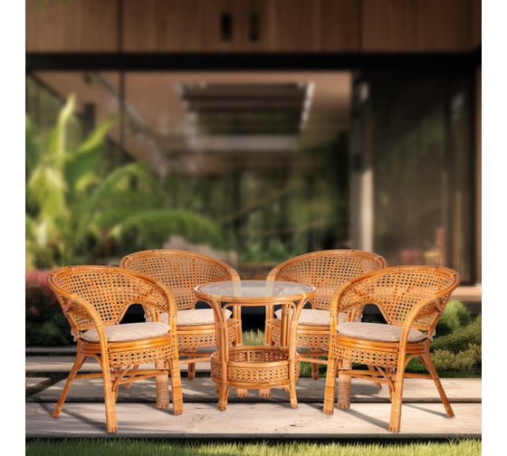 Комплект Tetchair "PELANGI" 02/15 стол со стеклом + 4 кресла, с подушками, ротанг, кресло 65x65x77 см, стол 64x61 см, Honey (мед) 10534