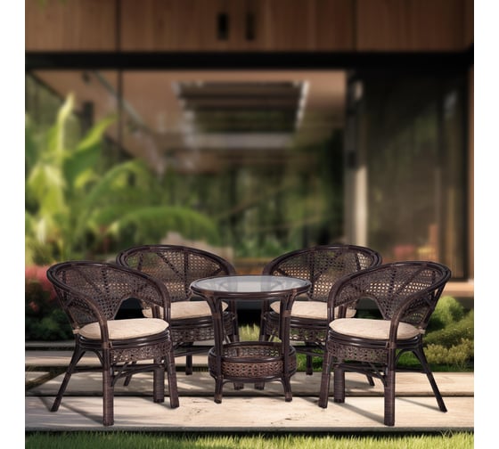 Комплект Tetchair "PELANGI" 02/15 стол со стеклом + 4 кресла, с подушками, ротанг, кресло 65x65x77 см, стол 64x61 см, walnut (грецкий орех) 15198