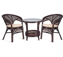 Террасный комплект Tetchair "PELANGI" стол со стеклом + 2 кресла, с подушками, ротанг, кресло 65x65x77 см, стол 64x61 см, walnut (грецкий орех) 15197